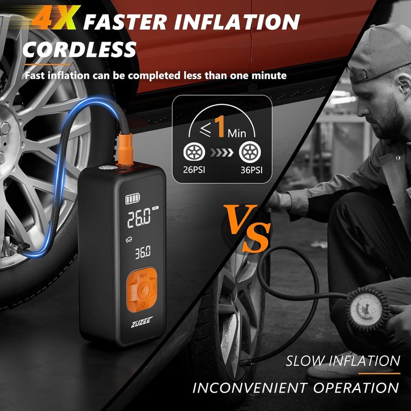 ZUZEE Tire Inflator Portable Air Compressor - 4X Faster Inflation, 150PSI Air Pump for Car Tires with Digital Pressure Gauge/LED Light, Portable Tire Inflator for Car, Moto, Bike, Ball, etc - Image 2